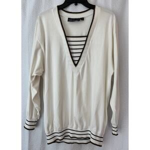 Karen Kane Women’s Medium‎ Cream V-Neck Knit Top Black Gold Trim Classic Resort